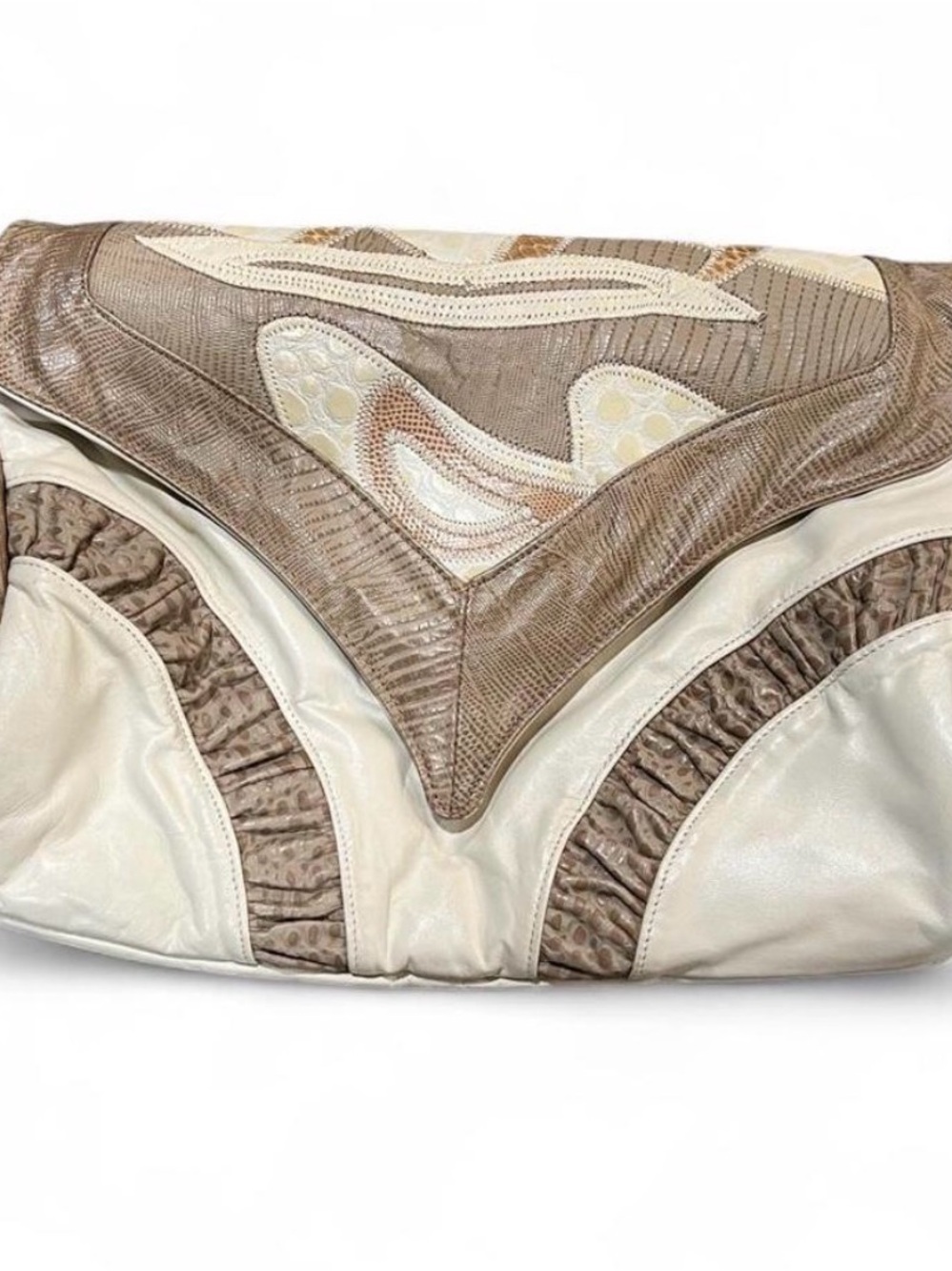Vintage 1980’s Elegant Neutral Patchwork Leather Clutch - Cream & Taupe